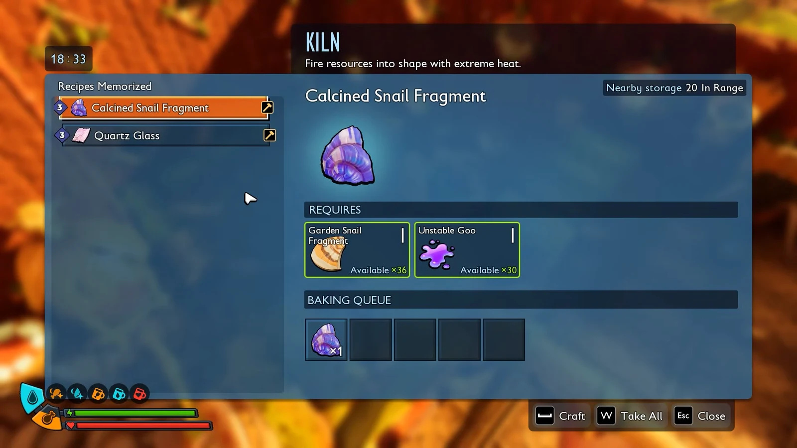 Kiln menu with the Calcined Snail Fragment recipe selected and one fragment queued