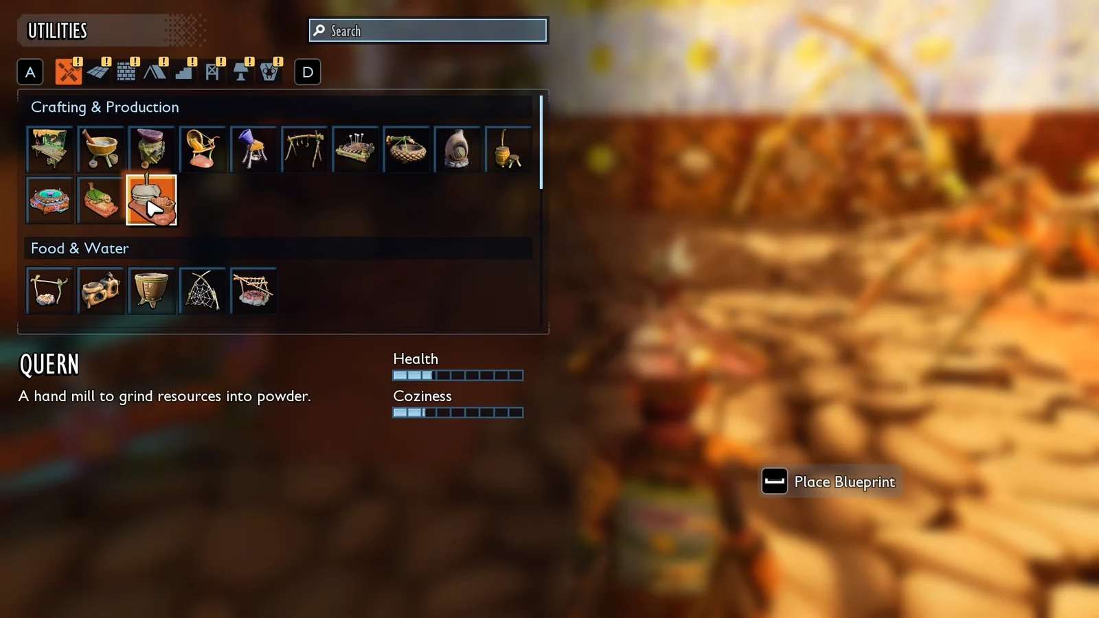 Utilities crafting menu highlighting the Quern blueprint with Place Blueprint available