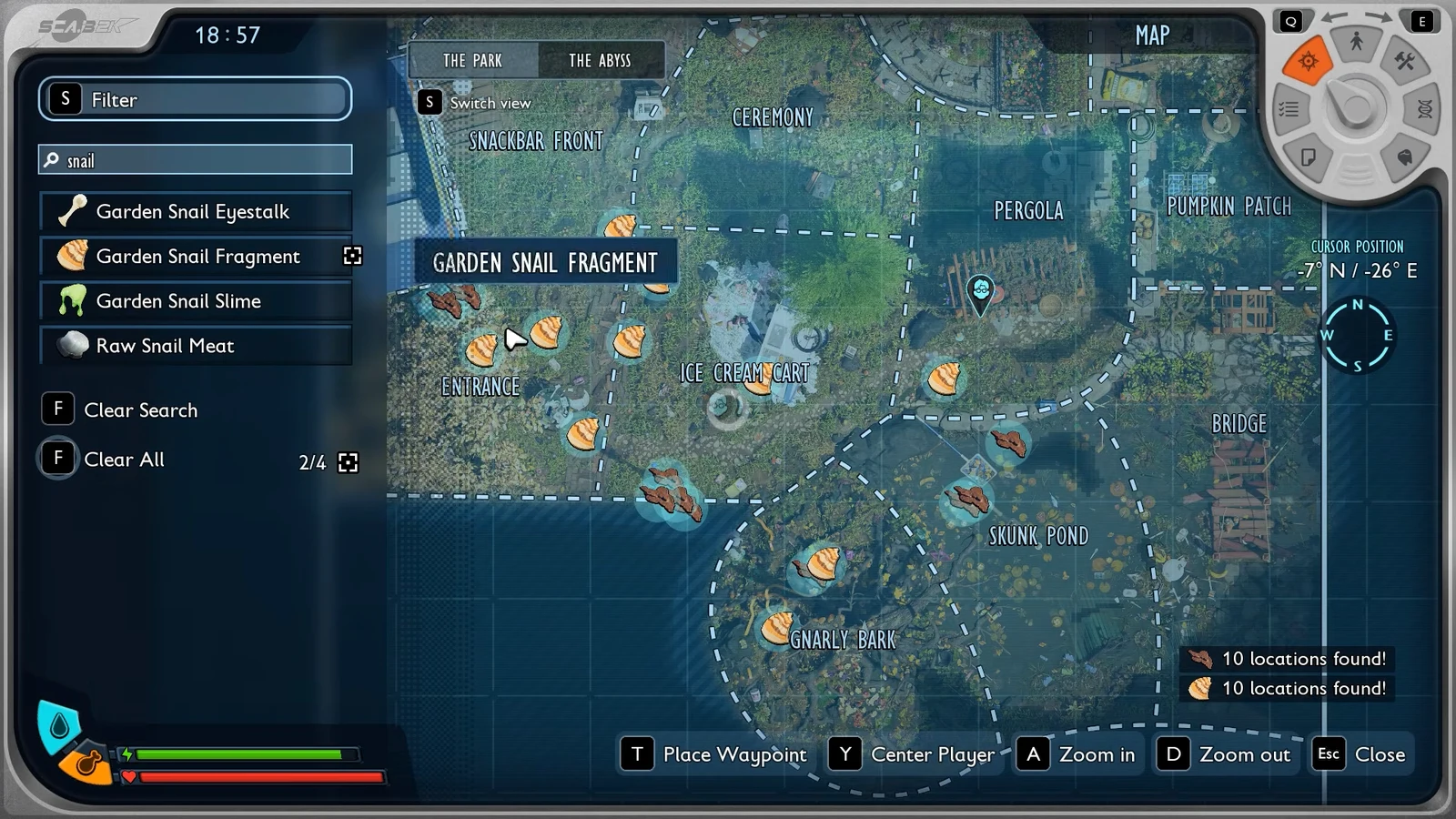 Map screen filtered for snail, marking Garden Snail Fragment spots across The Park