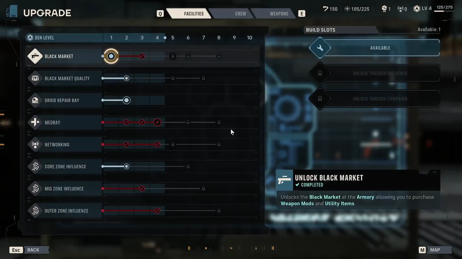 Facilities tab in the upgrade menu with the Black Market facility selected and a free build slot