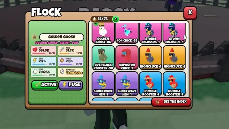 Flock menu showing the Golden Goose selected with its stats and Active and Fuse buttons