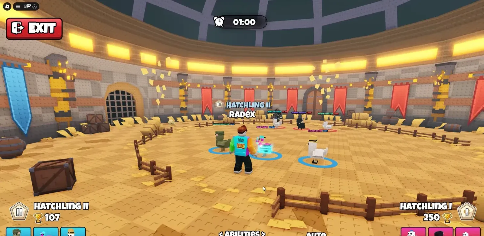 Arena battle screen showing the HEN STATS ability with AUTO ON as the team fights