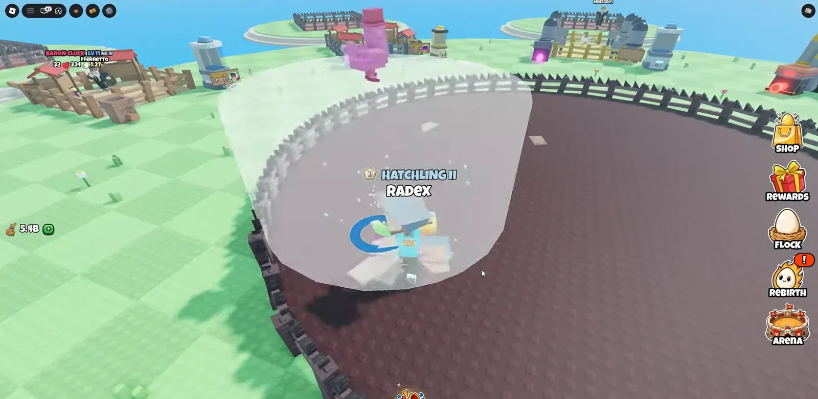 RADEX standing inside a glowing circular area in the Arena with Shop, Rewards, Flock, Rebirth and Arena buttons