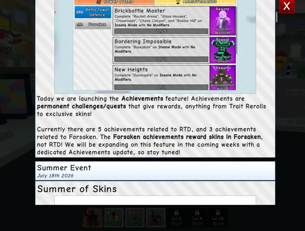Forsaken Collab and Achievements update panel showing RTD and Forsaken challenges with reward skins