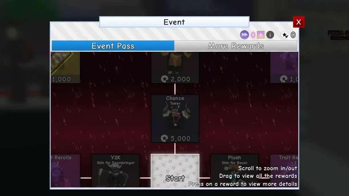Event Pass reward track with the Start tile highlighted and instructions to scroll, drag, or select rewards