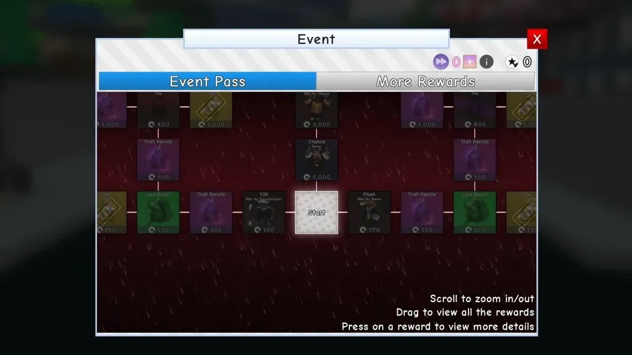 Event Pass tab open in Retro Tower Defense with the central Start tile selected on the reward path