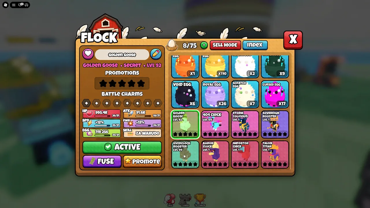The FLOCK menu with Golden Goose selected, showing its stats and charm slots