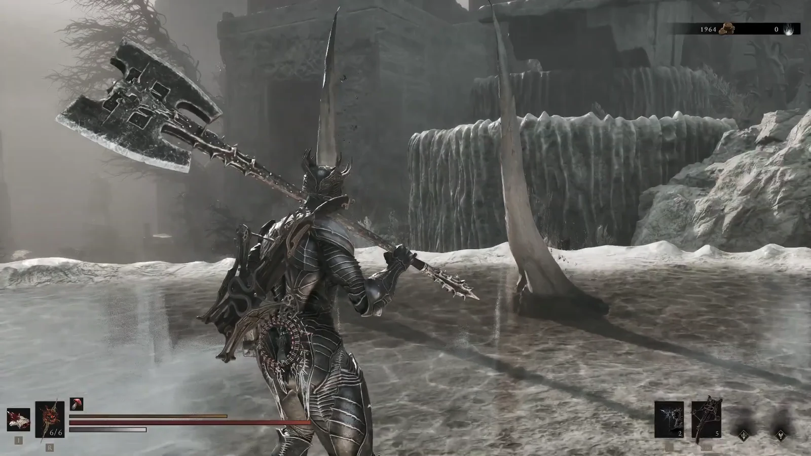 Armored Harbinger holding a large polearm in a snowy frozen arena near the Silent Steps