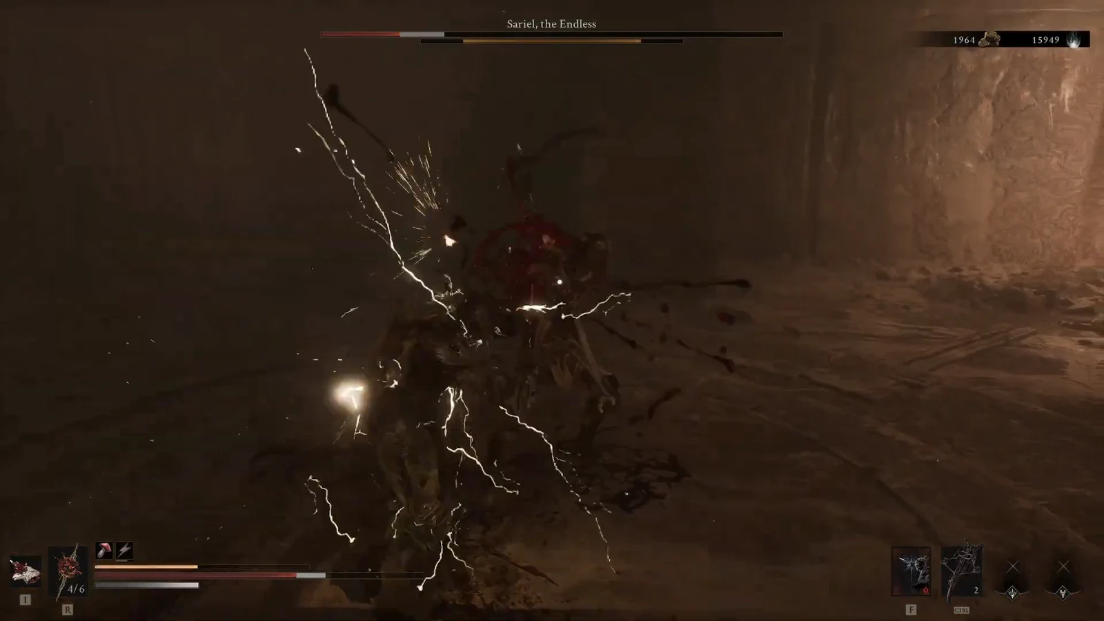 Sariel, the Endless boss health bar shown as the player strikes the electrified boss