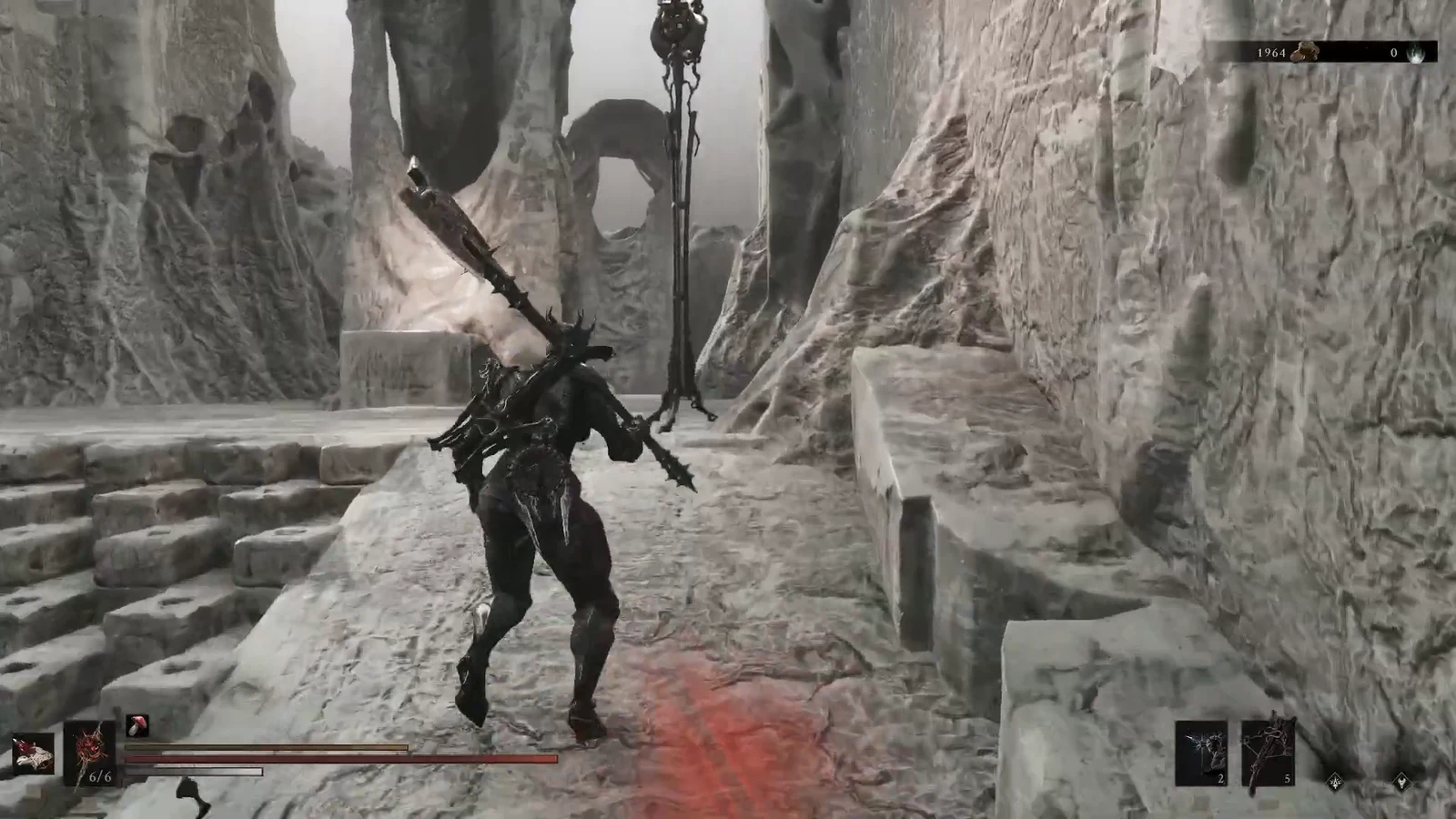 Player pushing through a rocky canyon with a massive polearm and HUD visible