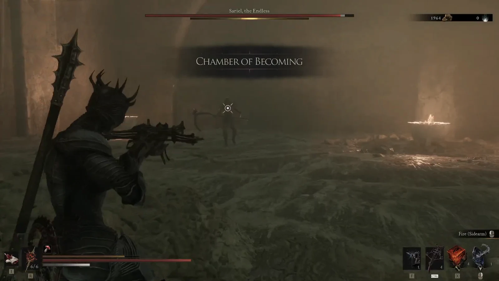 Player aiming a sidearm at Sariel, the Endless inside the Chamber of Becoming