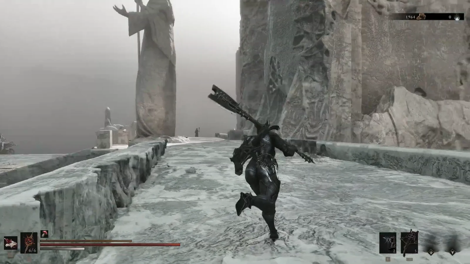 Character sprinting across a snowy stone bridge with a large weapon equipped