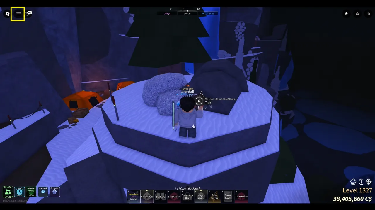Opening the in-game menu in Fisch using the hamburger button in the top-left corner