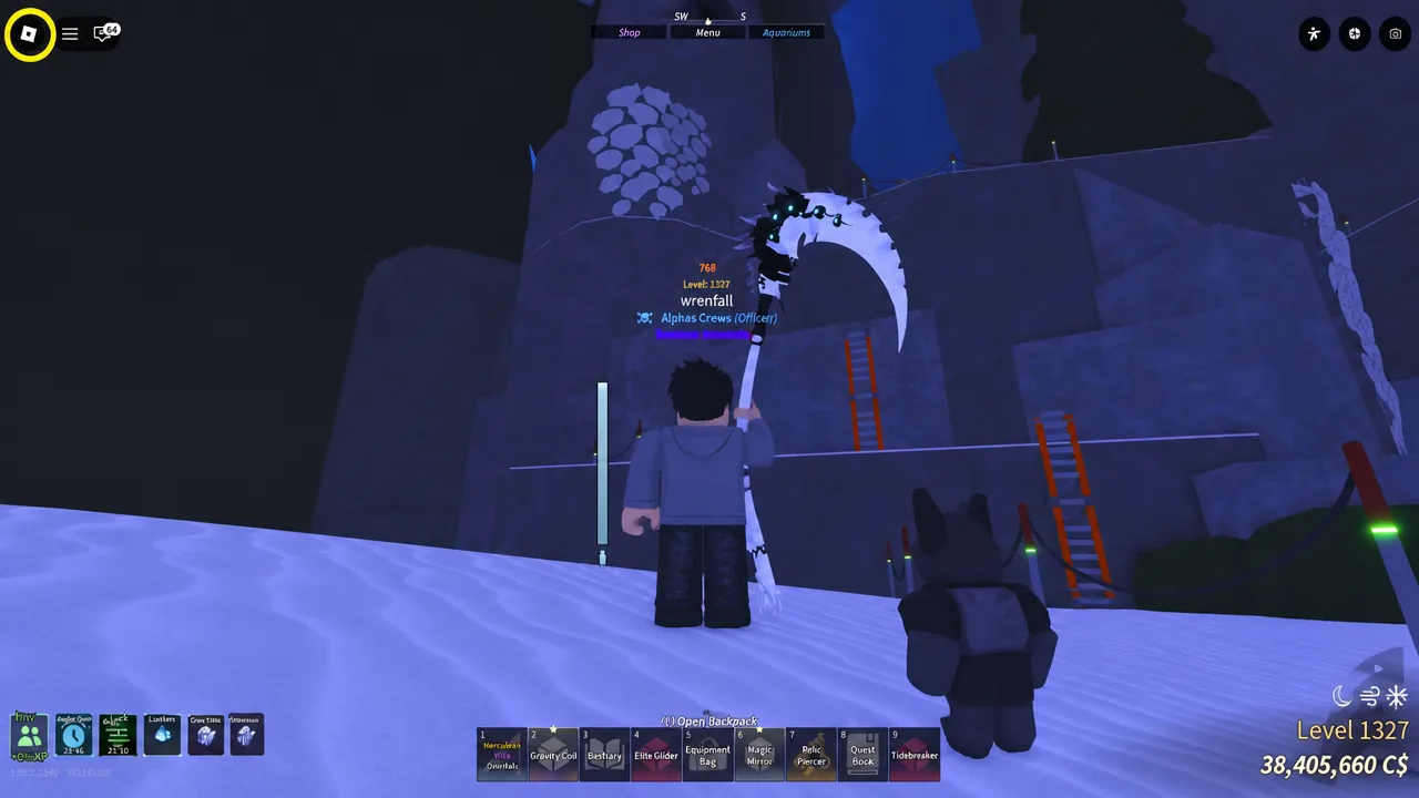 Fisch gameplay with the Menu tab highlighted while the player swings a scythe