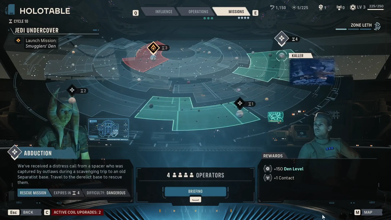 Mission selection screen with a rescue mission chosen and its reward list shown before launching