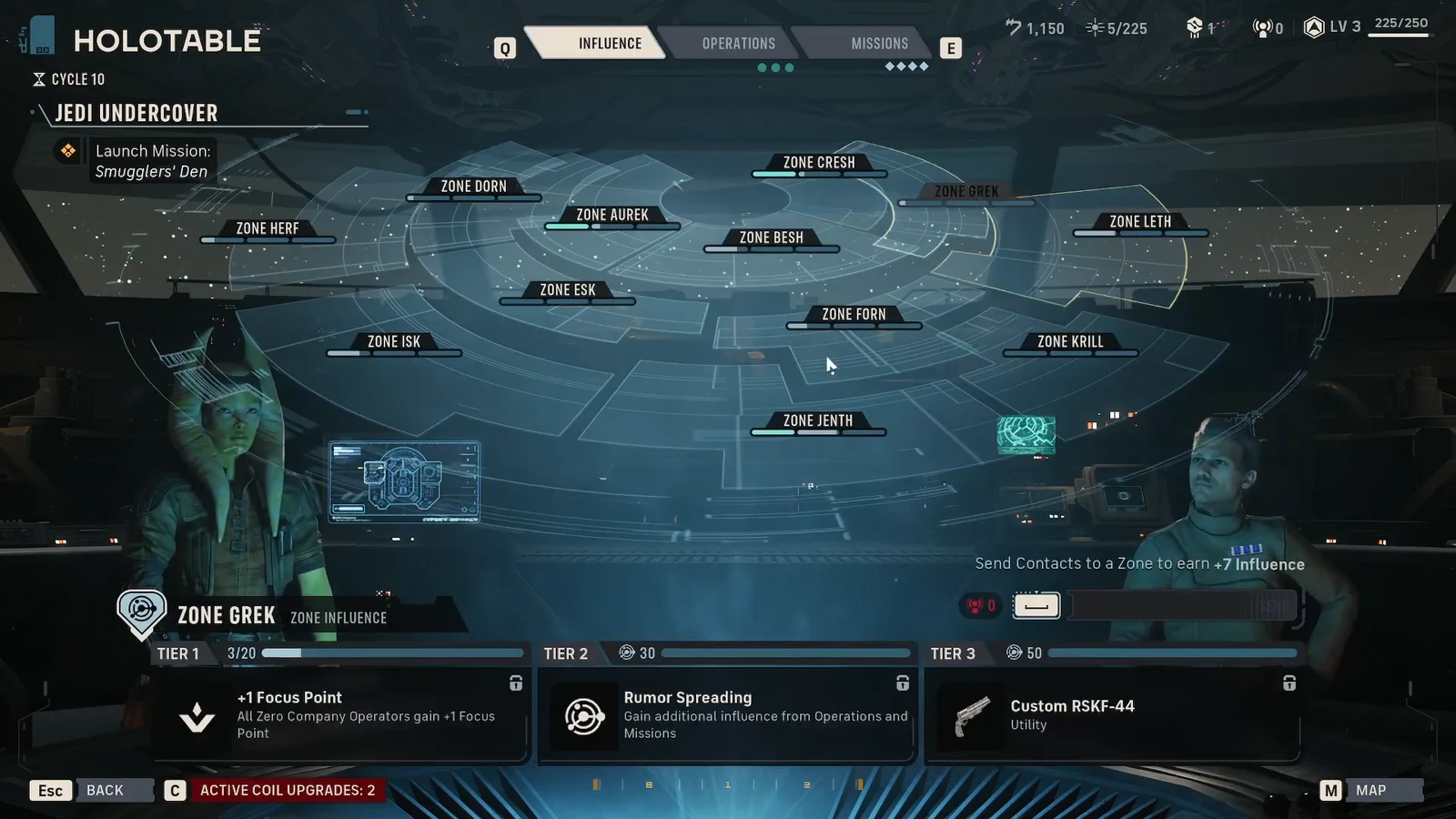 Influence tab focused on Zone Grek, showing its three Influence tiers and the rewards attached to each