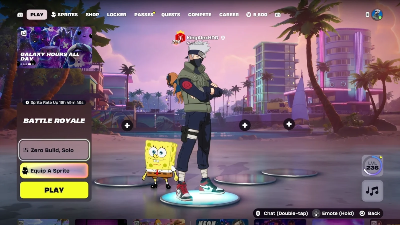 Fortnite Play lobby with the Equip A Sprite button under Battle Royale Zero Build Solo