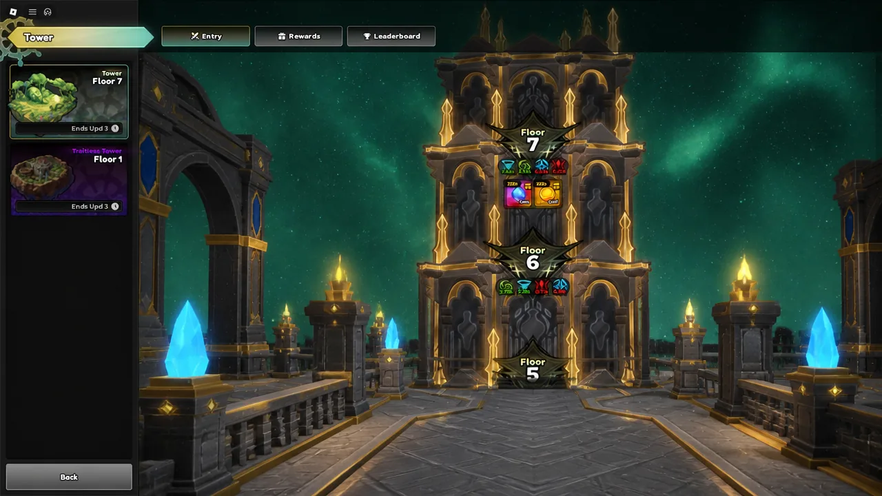 Tower entry screen showing a floor selected with its modifiers