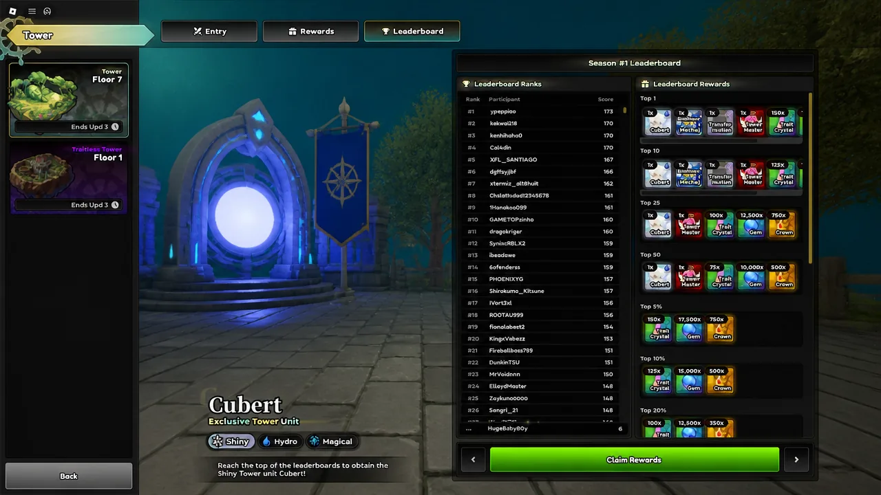 Season 1 leaderboard screen with a green Claim Rewards button