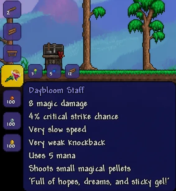 Daybloom Staff highlighted in Terraria with its magic damage and mana cost tooltip open