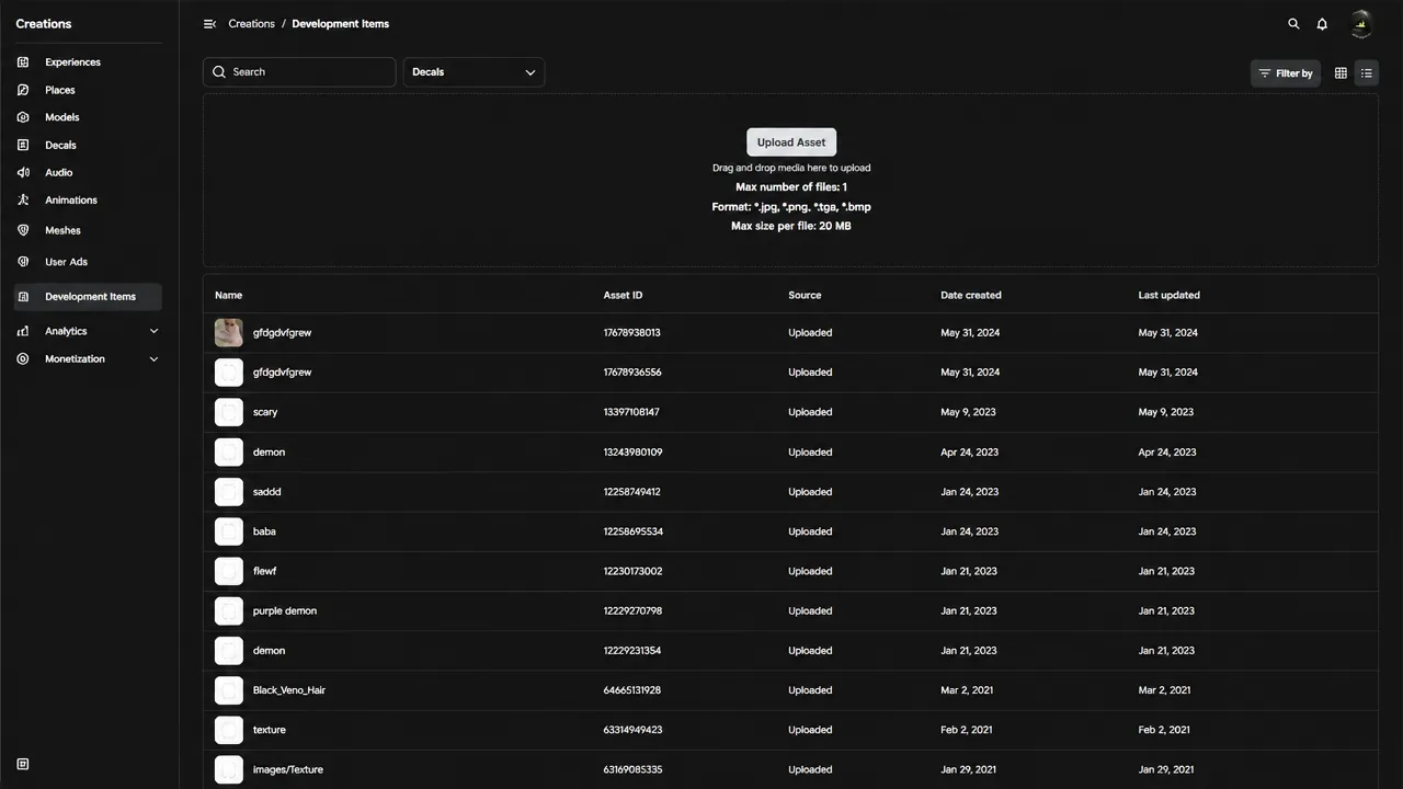 Roblox Creator Dashboard showing the Decals category under Development Items with the Upload Asset button