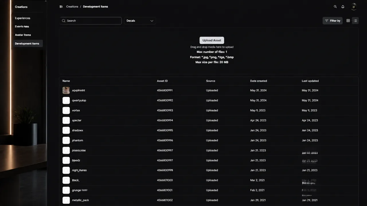 Development Items page in the Roblox Creator Dashboard with the Upload Asset button visible