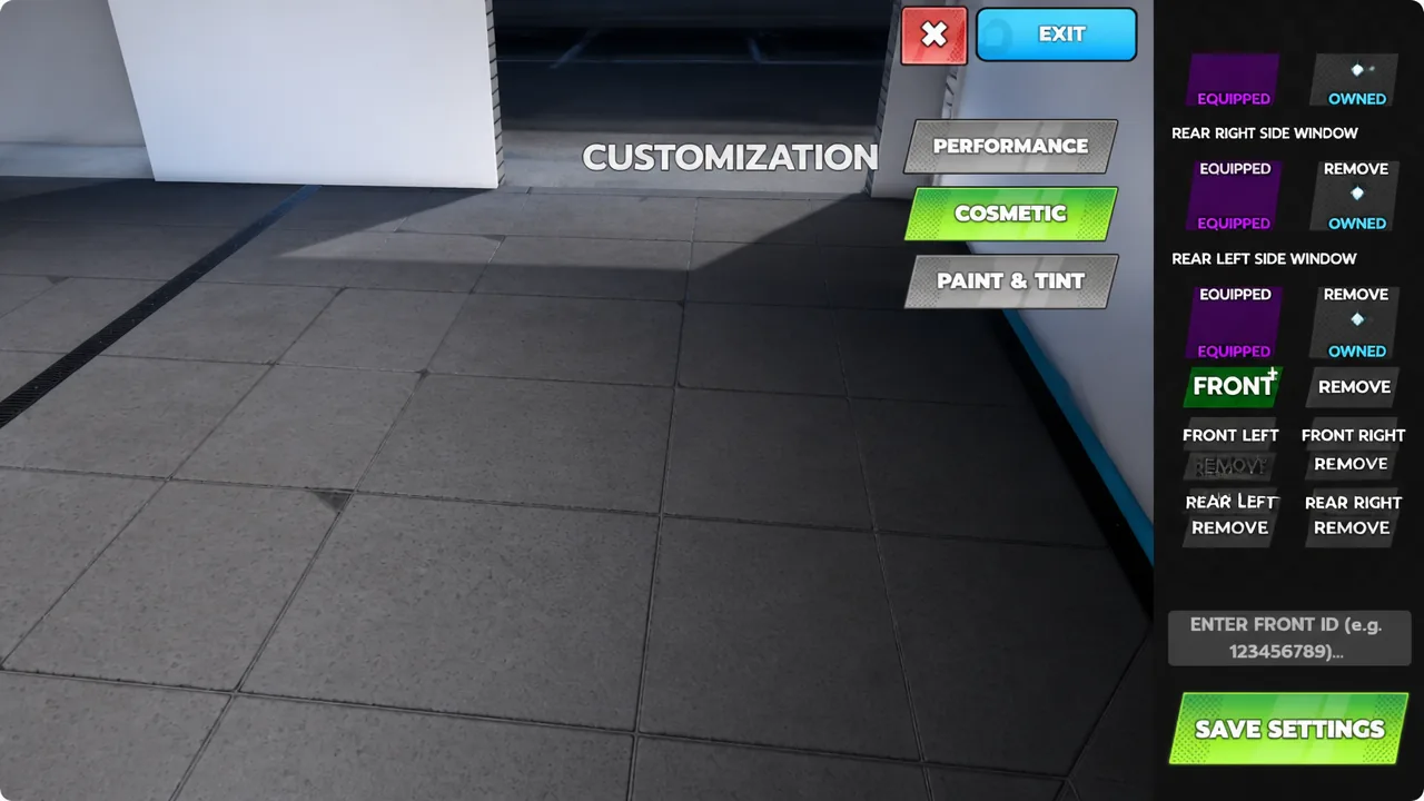 Ghost Driver Customization screen on the Cosmetic tab with the FRONT window decal slot selected