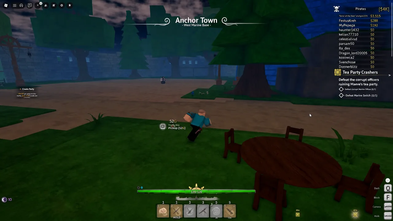 Player approaching a highlighted pickup prompt on the paths of Anchor Town near the West Marine Base