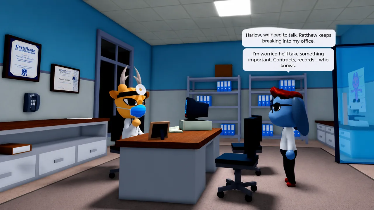 Office dialogue warning that Ratthew keeps breaking in and may take important contracts and records