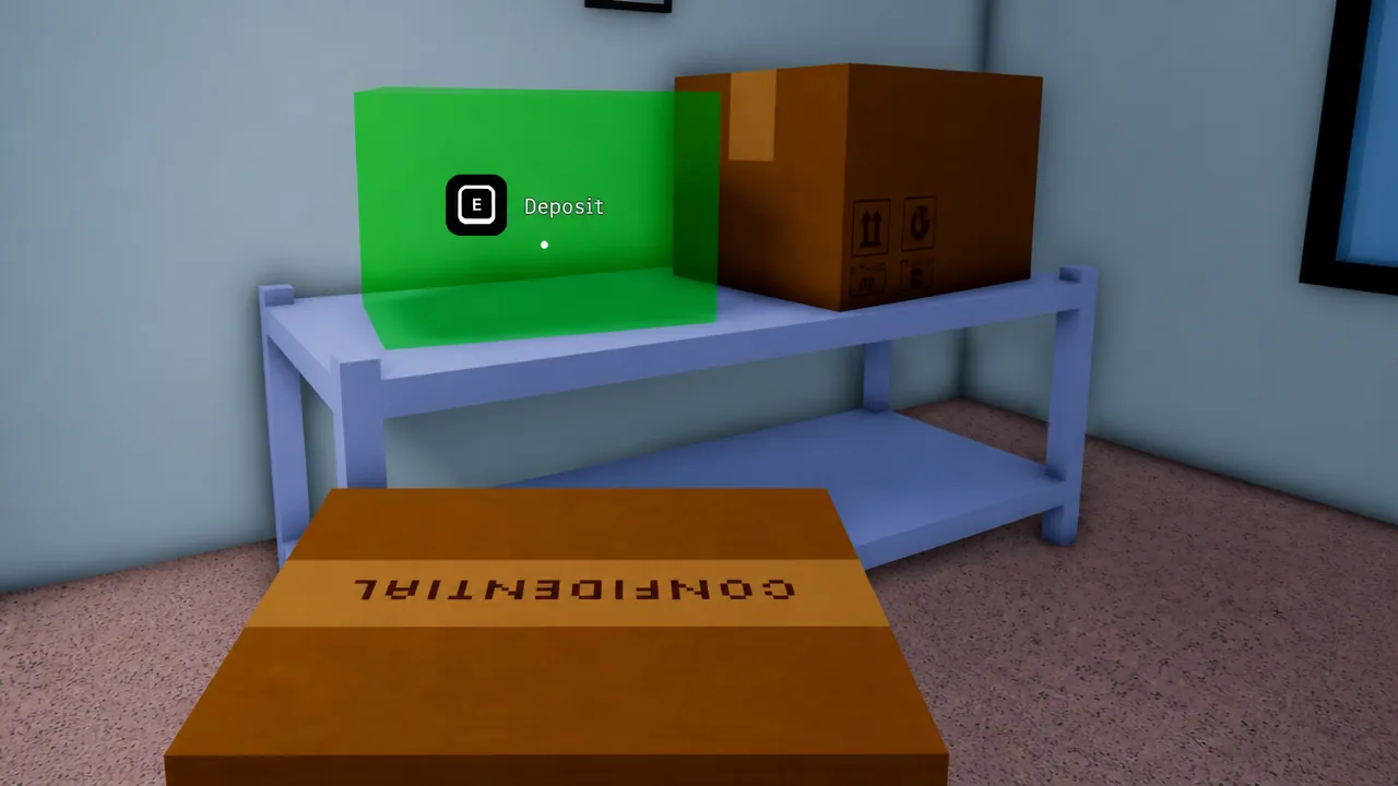 Green Deposit prompt highlighting the E key while placing a box on the office shelf