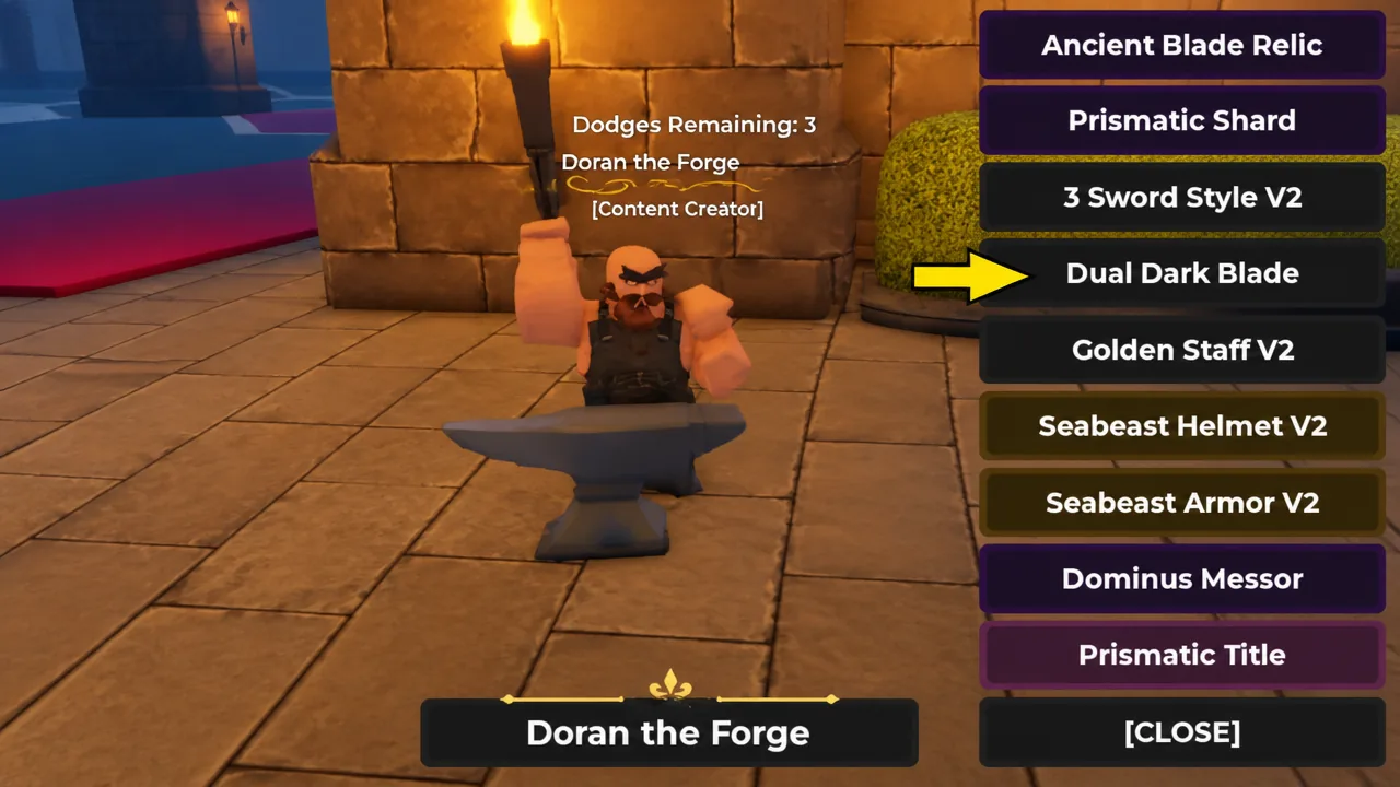 Doran the Forge menu with the Dual Dark Blade option highlighted