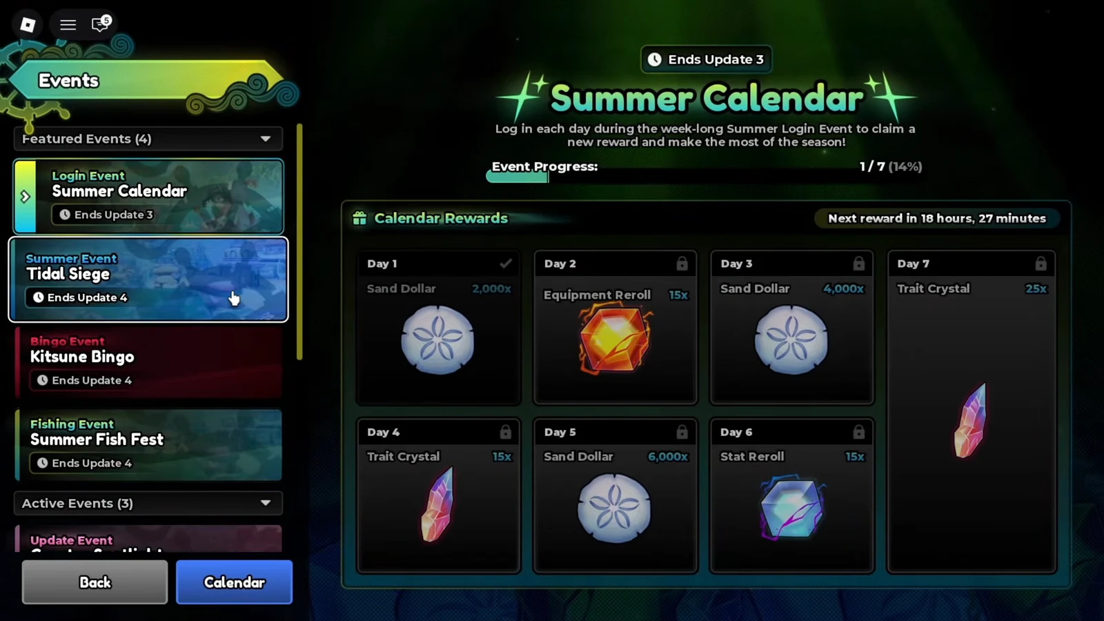 Events menu open with the Summer Calendar login track, Day 1 claimed and later days still locked