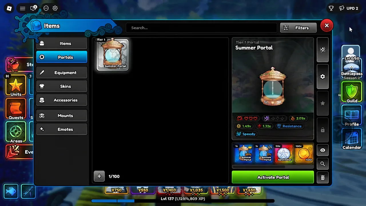 Items menu on the Portals tab with the Summer Portal selected and ready to activate