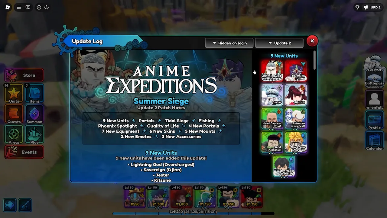 Update Log screen with the Update 2 tab open, listing the nine new Summer Siege units