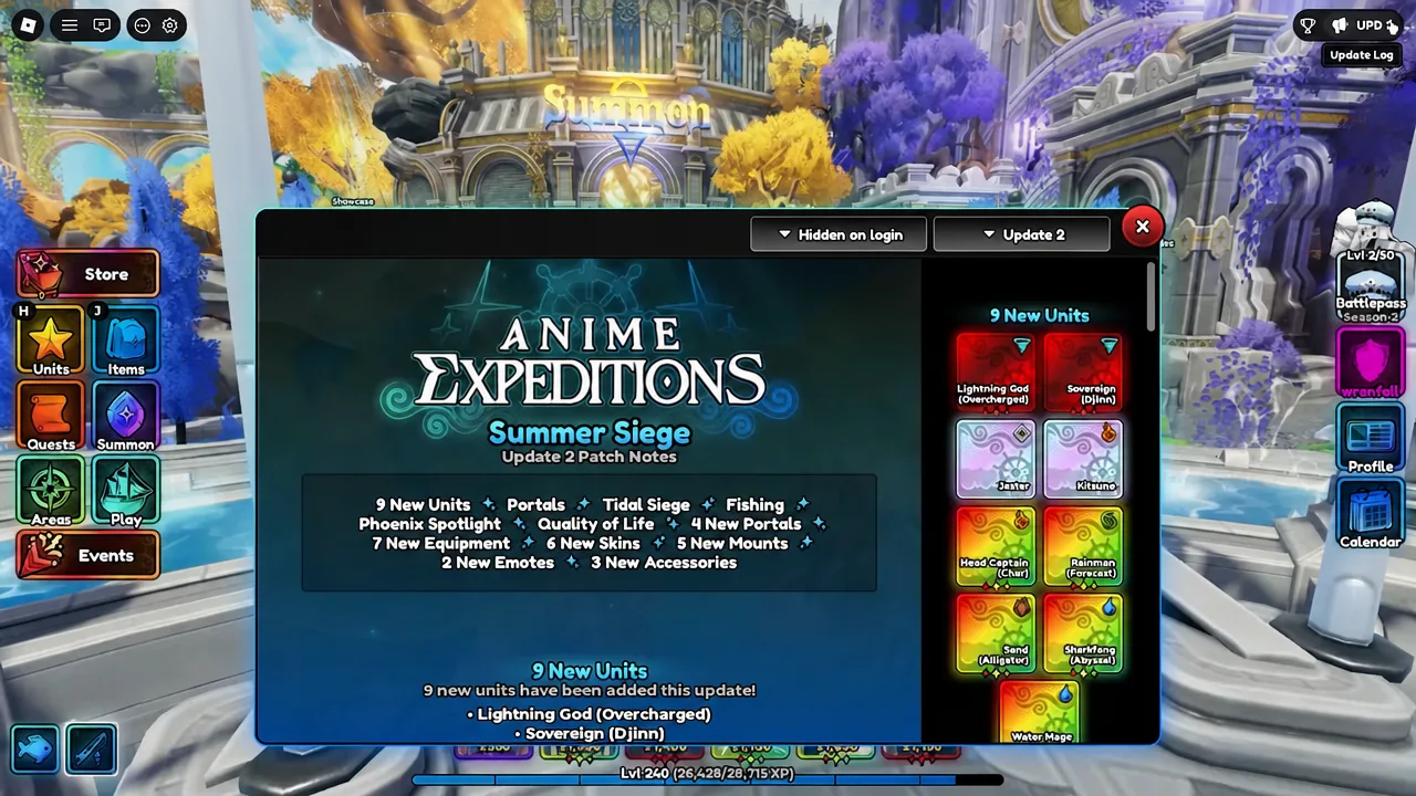 Anime Expeditions Summer Siege Update 2 patch notes dialog opened from the lobby