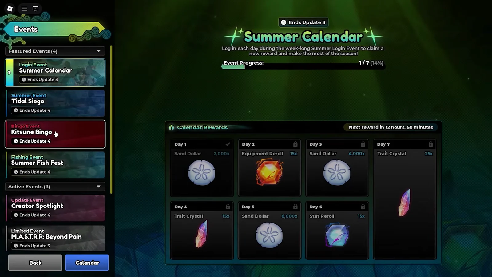 Events menu showing the Summer Calendar login event with Day 1 available