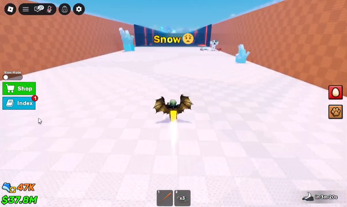 Winged Roblox avatar flying forward through the icy Snow biome course