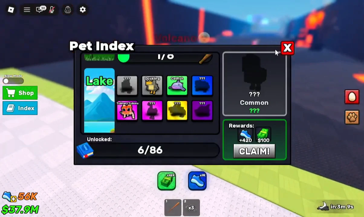 Pet Index Lake tab with collected and unknown pets and a green CLAIM button in the Rewards panel