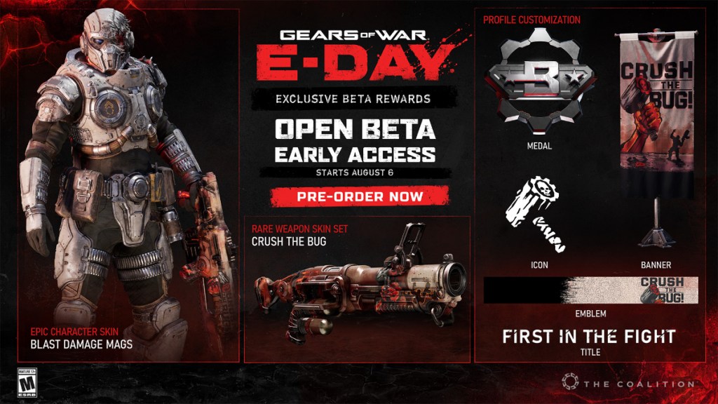 All Gears of War E-Day Beta rewards featuring an Epic Character Skin, a Skin Set, a Banner and other rewards
