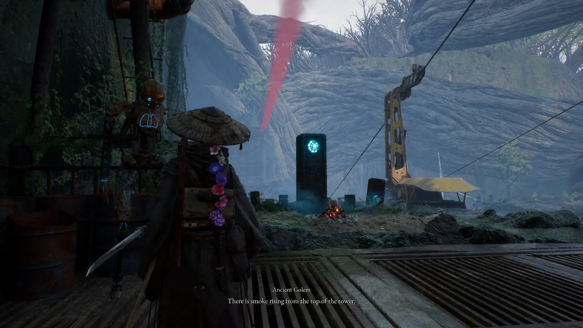 Talking to the Ancient Golem near the console