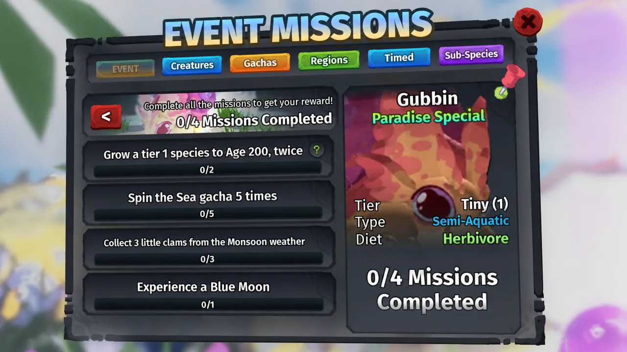 Event missions menu showing Gubbin's Paradise Special objectives and progress counters