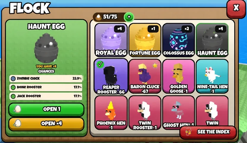 FLOCK menu with a Haunt Egg selected and the OPEN x4 button ready to hatch four eggs at once