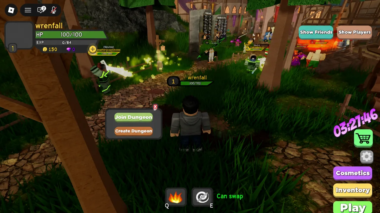 Dungeon menu open with the Join Dungeon button highlighted next to the create option