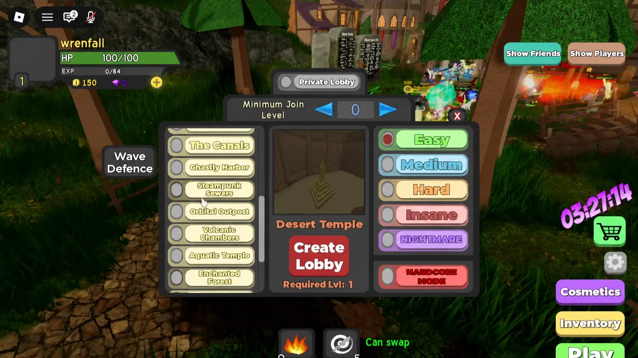 Lobby setup screen showing Desert Temple with Easy difficulty selected before creating the lobby