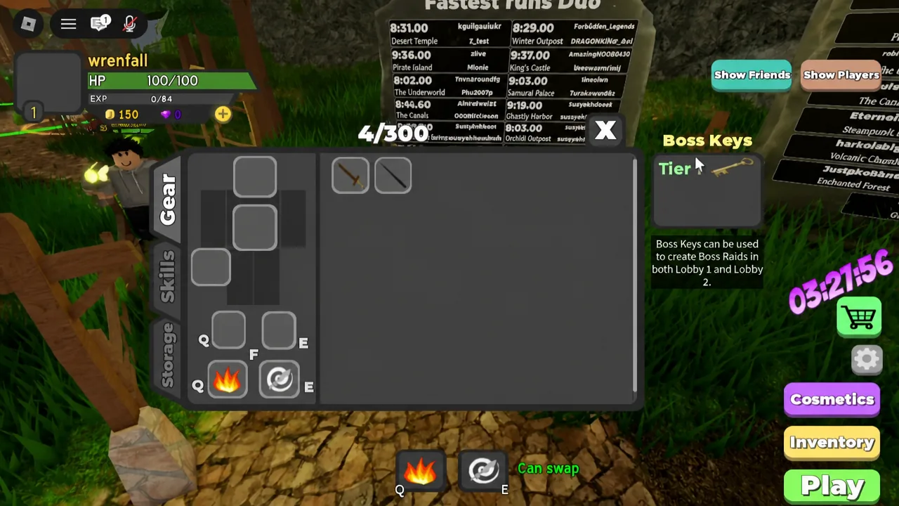 Inventory screen displaying a Tier 1 Boss Key alongside starting gear
