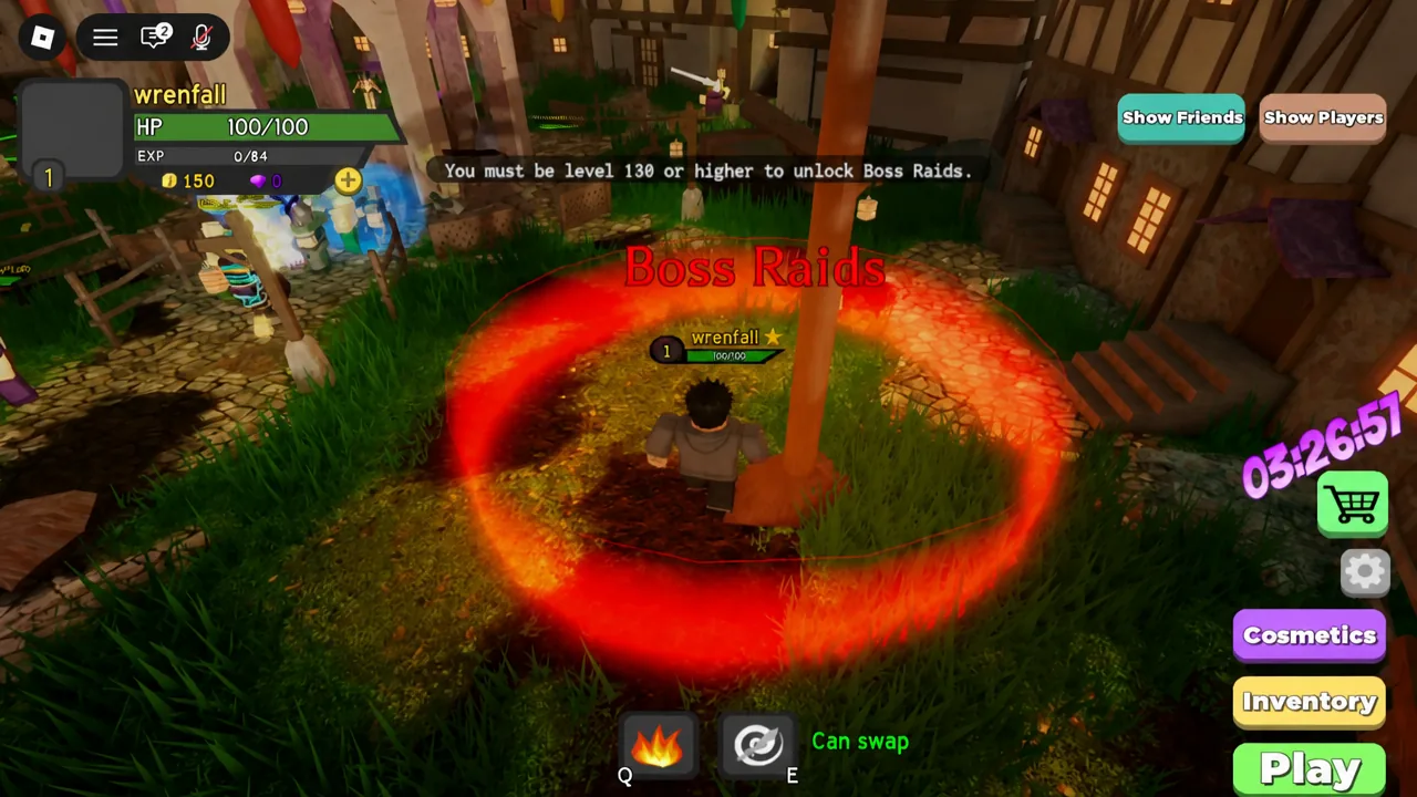 Player standing in the red Boss Raids area with the level 130 requirement notice on screen