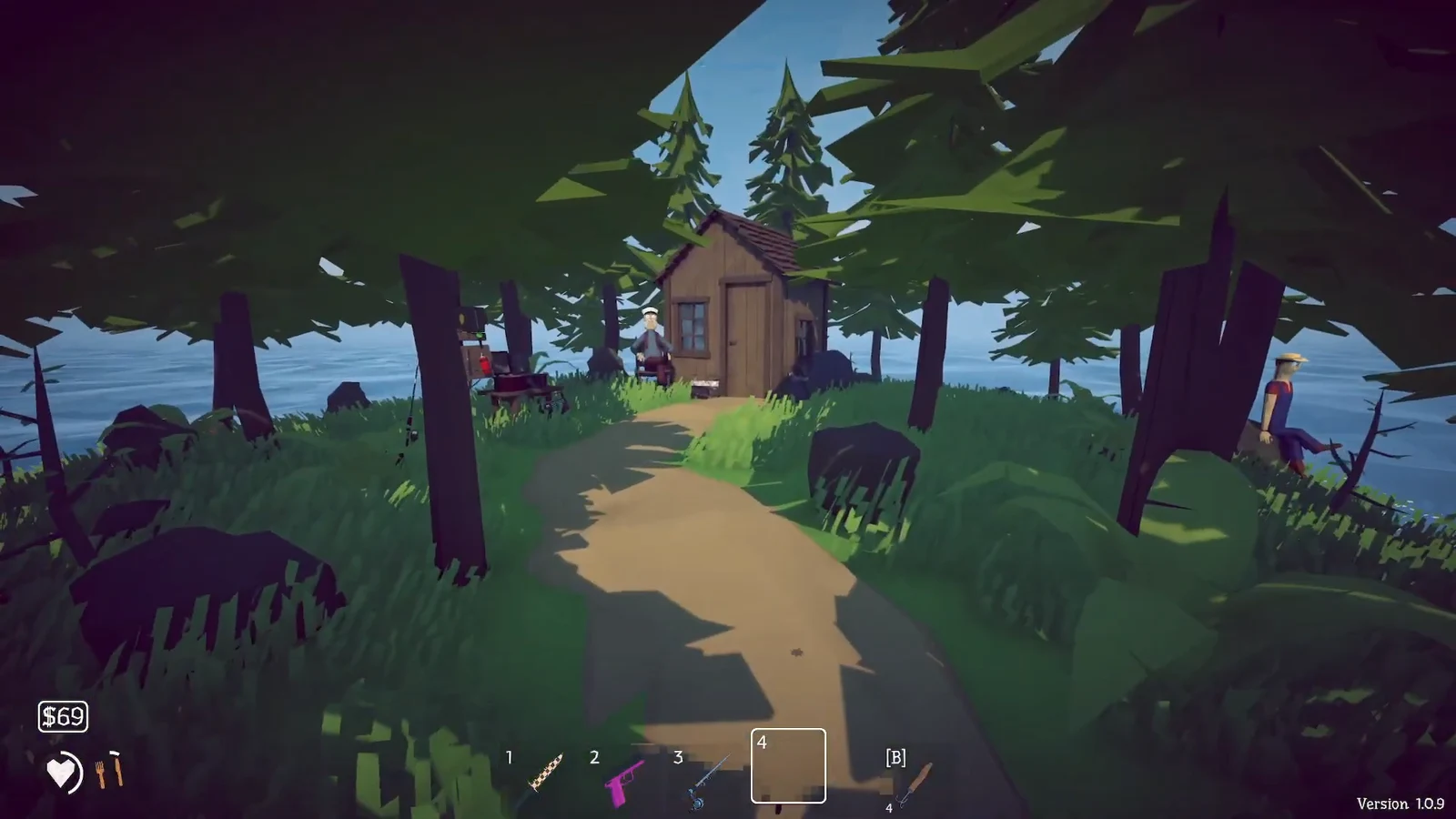 First-person view approaching a small cabin and NPC while searching the grassy ground for a leech