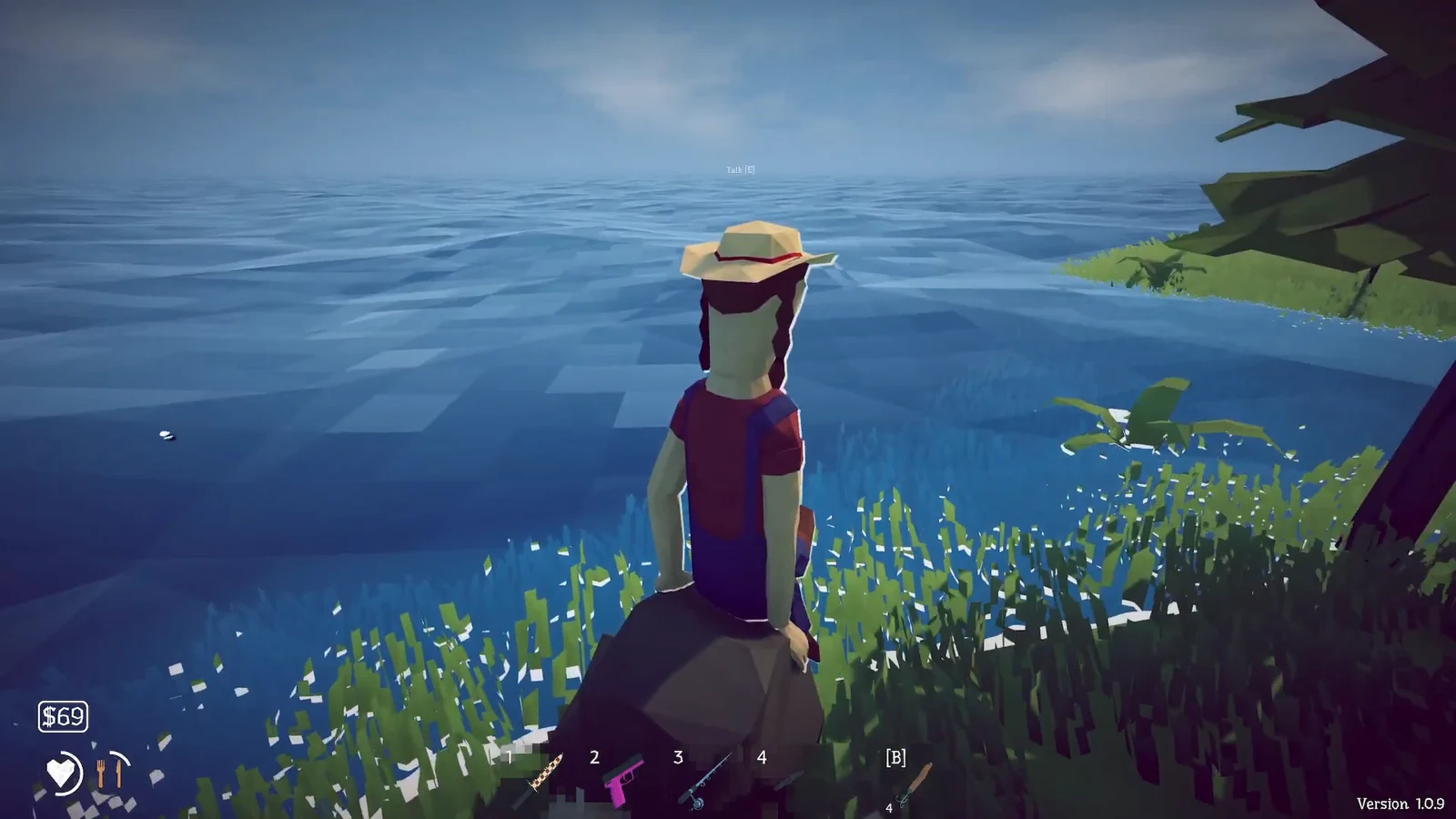A Talk E prompt appears above the NPC on the rock, ready to receive the three leeches