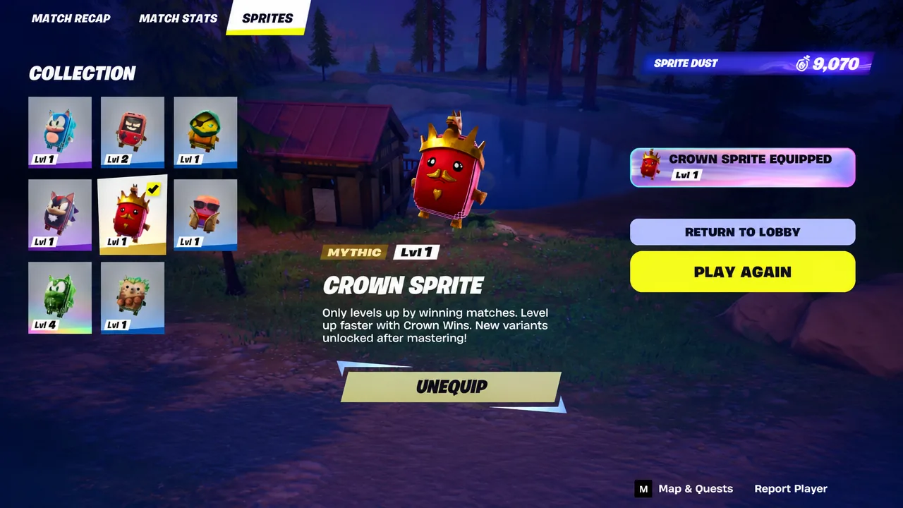 Fortnite lobby Sprites screen with the Crown Sprite equipped and an Unequip button showing.