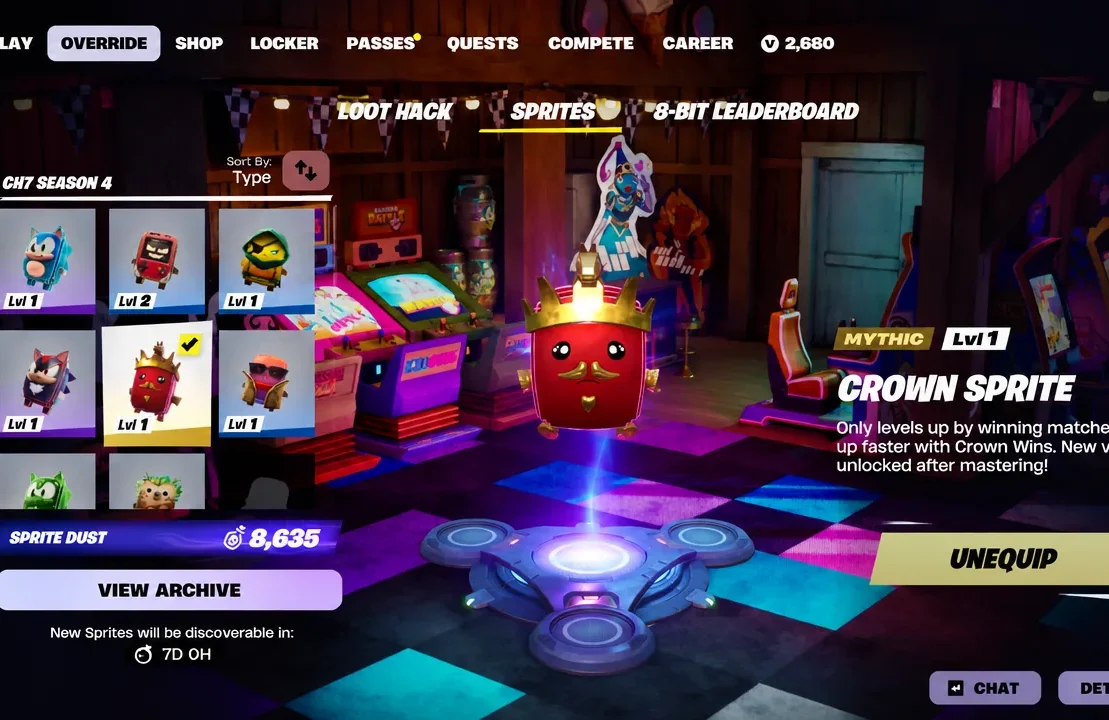 Crown Sprite highlighted in the Fortnite Sprites menu with its details panel open.